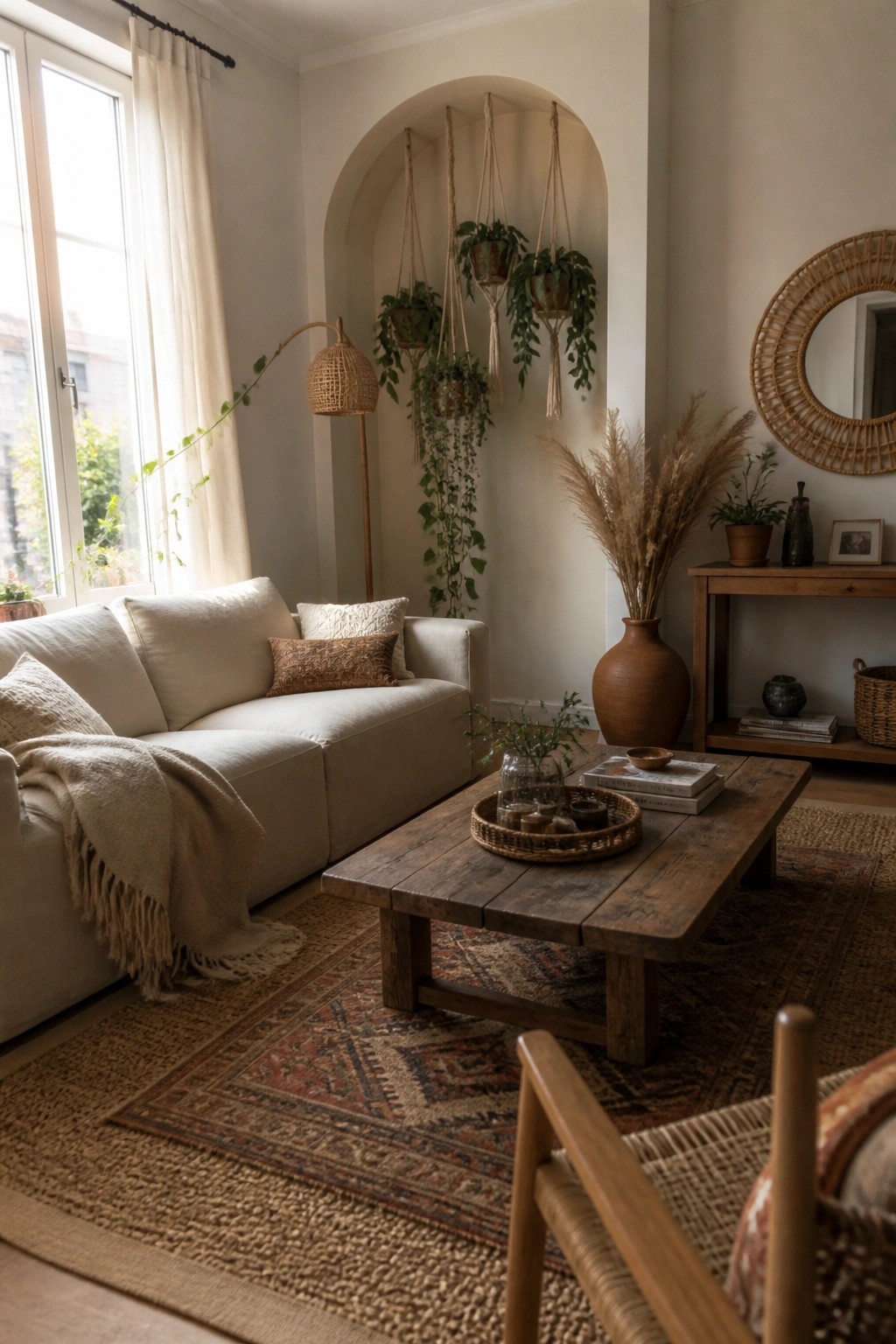 A boho living room featuring a light sofa, wooden coffee table on a patterned rug, and an arched alcove filled with multiple hanging planters holding trailing green plants.
