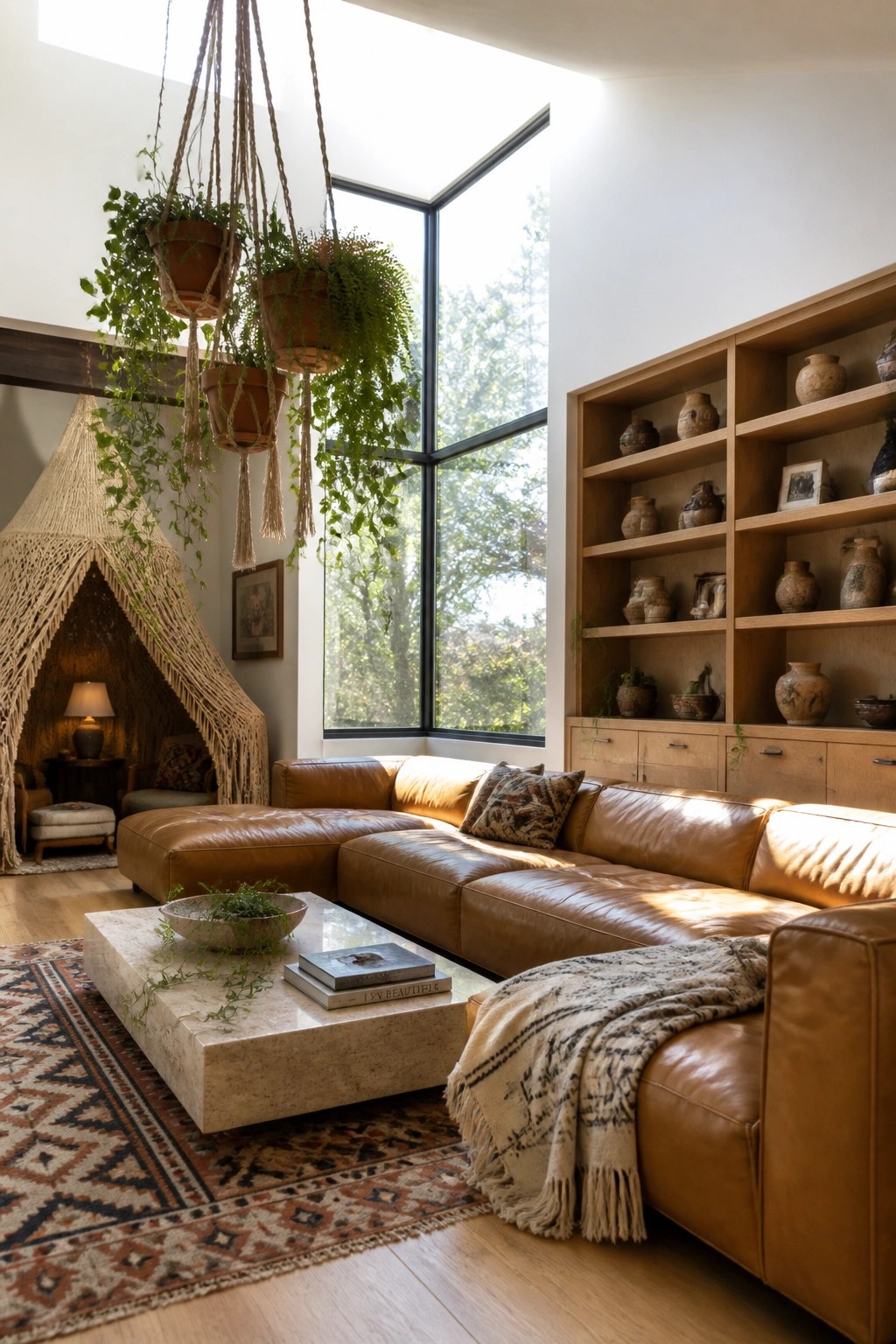 A bright living room featuring a large brown leather sectional, marble coffee table, wooden built-in shelves with pottery, and multiple macrame hanging planters with trailing green plants near tall windows.