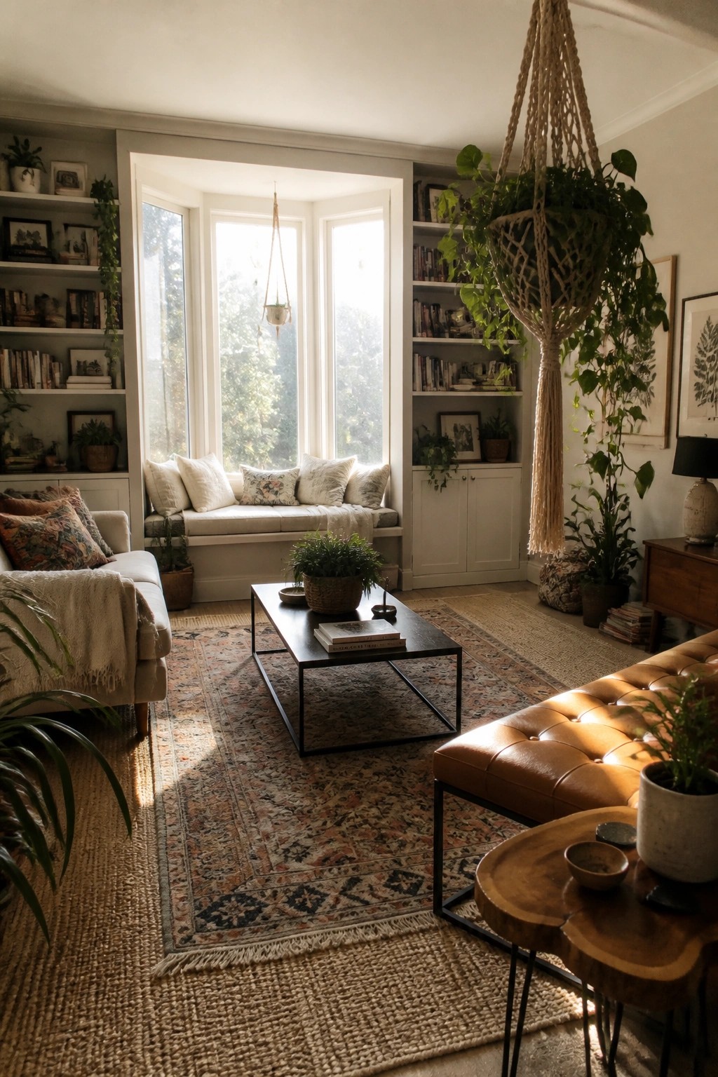 A living room with a large macrame hanging planter holding a trailing plant next to built-in bookshelves and a window seat.