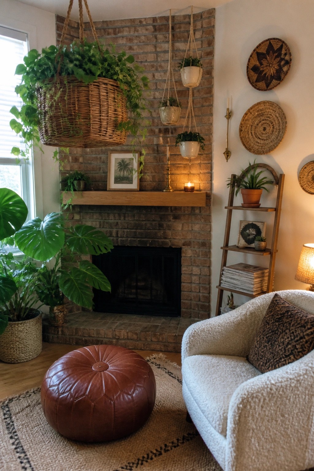 Cozy living room with brick fireplace, hanging plants, white armchair, and leather pouf