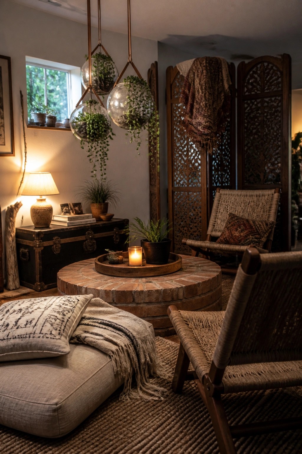 A living room with several glass hanging planters containing trailing plants suspended above a round brick coffee table, woven chairs, and a lit candle on a wooden tray.