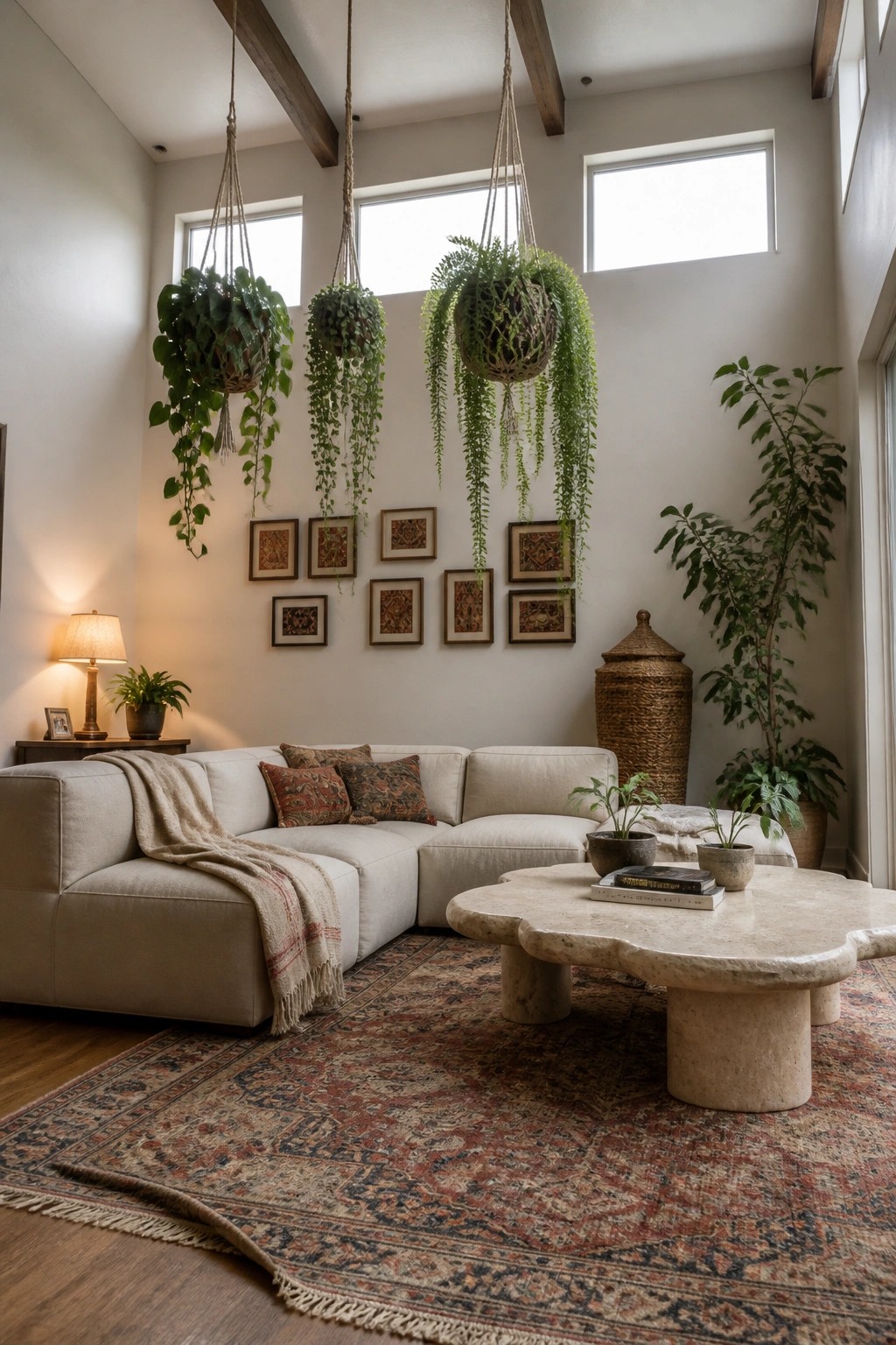 Bohemian living room with beige sectional sofa, hanging plants, stone coffee table, and patterned rug.