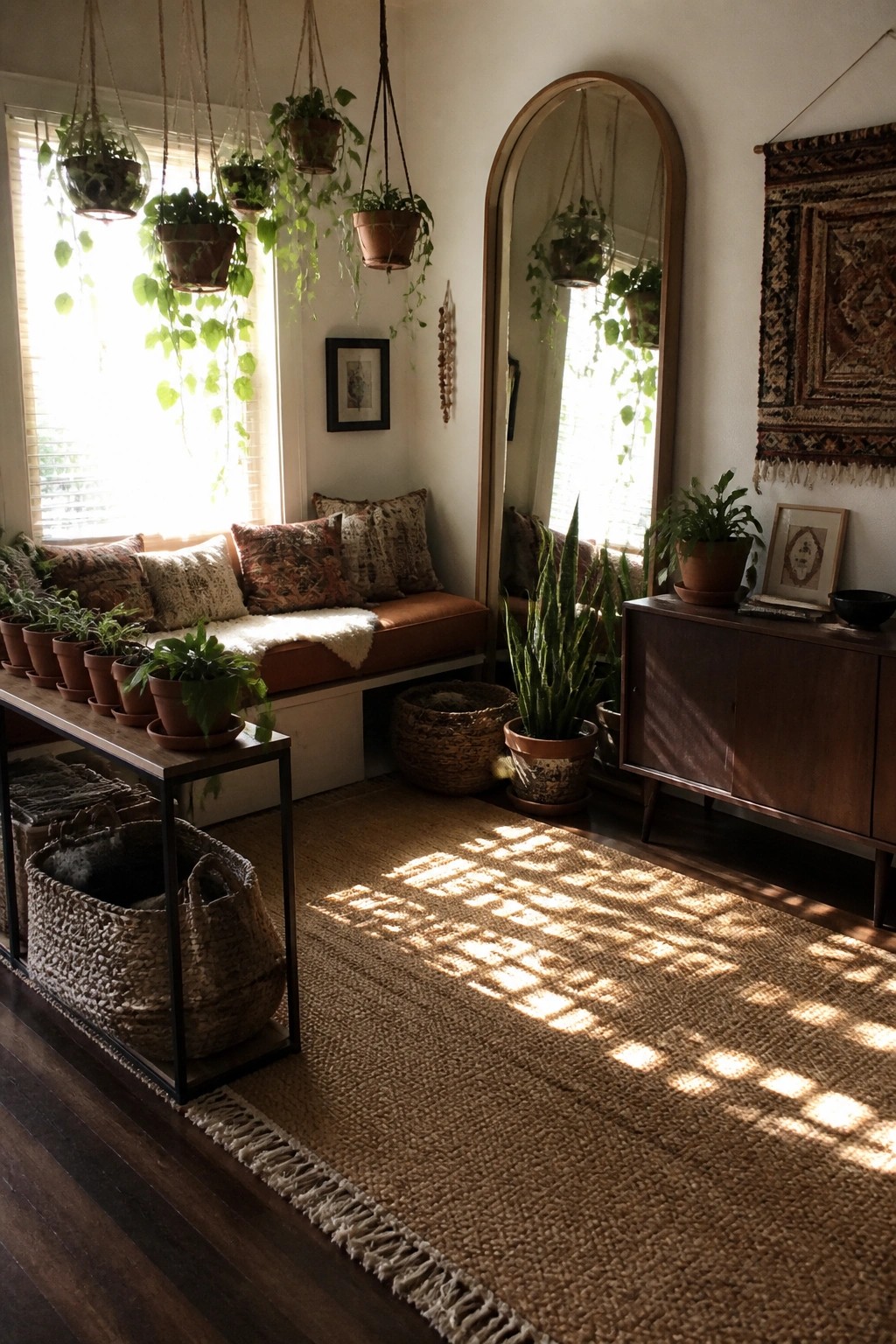 A sunlit living room corner with multiple hanging planters of trailing plants suspended at varying heights in front of a window, next to a brown window seat and a tall arched mirror.