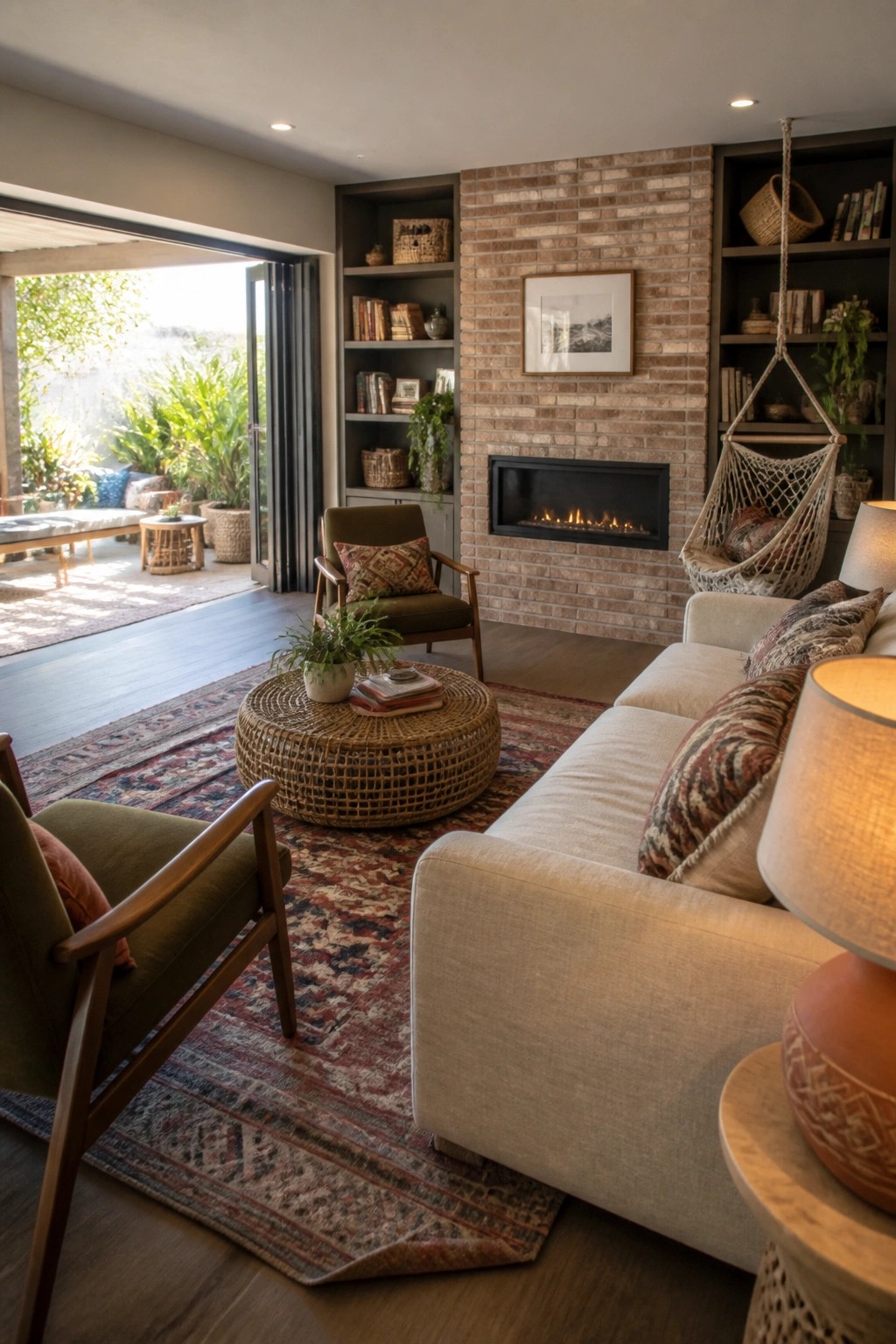 Cozy living room with beige sofa, green armchairs, brick fireplace, woven table, and bookshelves.