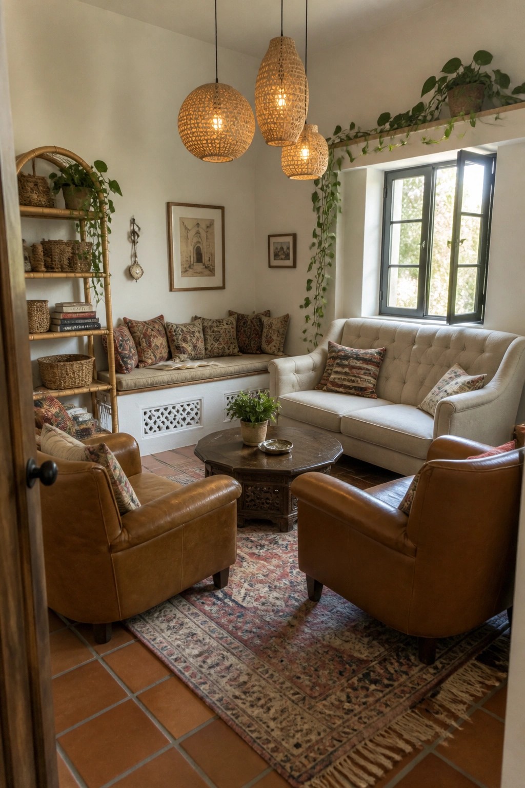 Cozy living room with leather armchairs, beige sofa, woven lights, and patterned rug