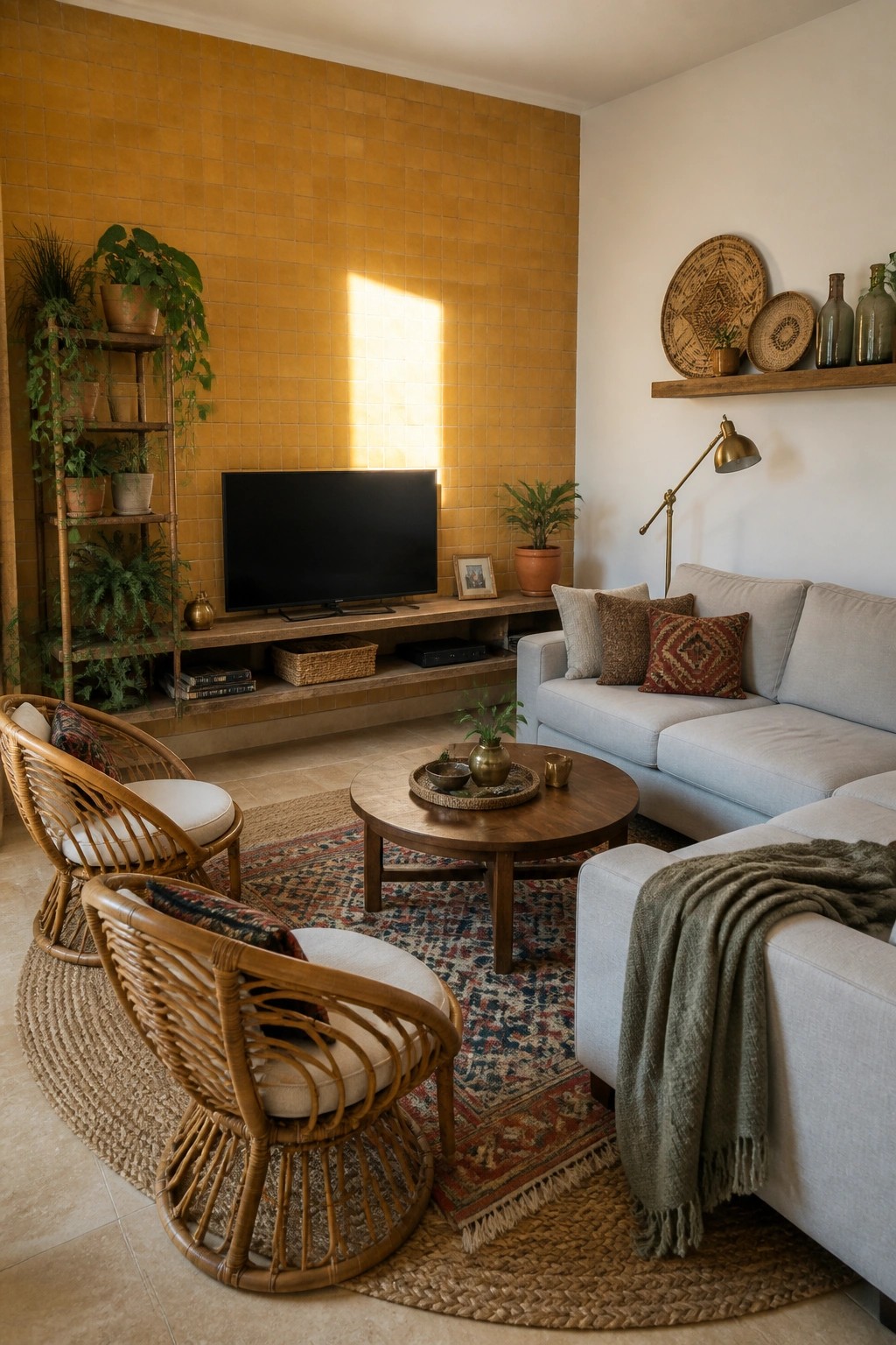 A living room featuring a light gray sofa, two rattan chairs, and a round wooden coffee table grouped closely together on layered rugs.