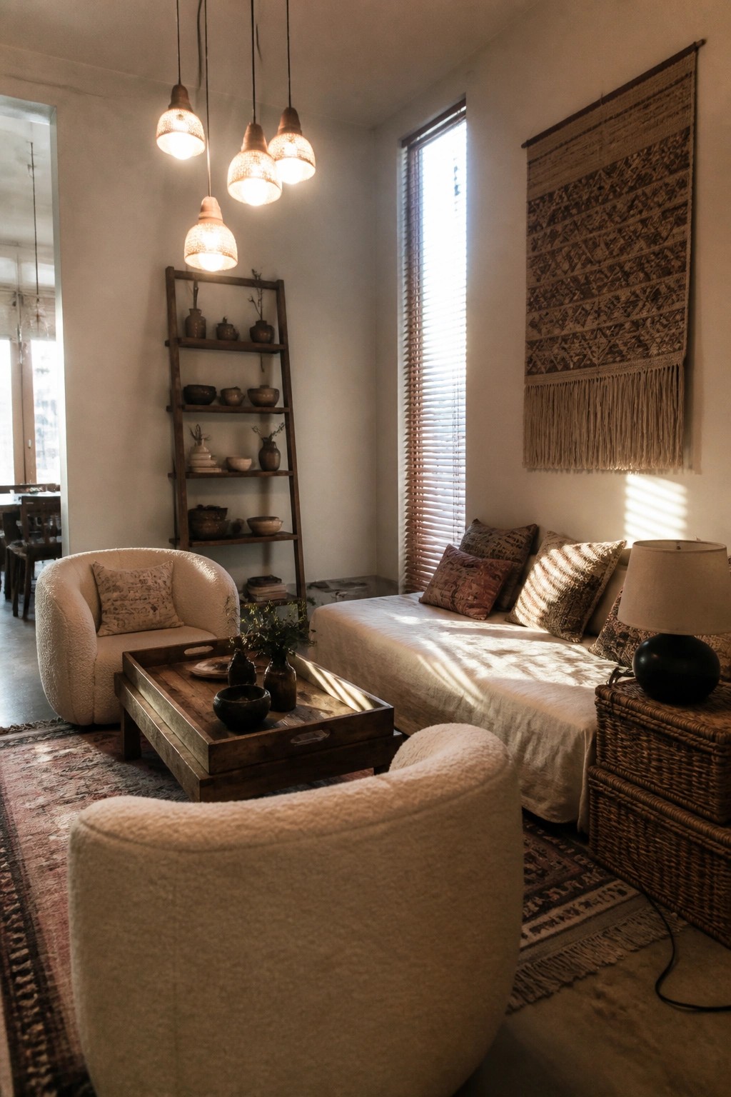 A boho living room showing two white boucle armchairs facing each other across a wooden tray table, with a daybed, macrame wall hanging, and pendant lights visible.