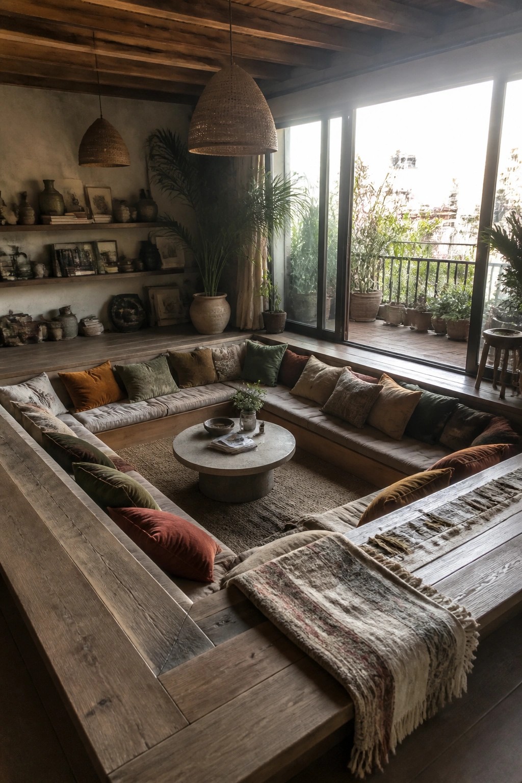 A boho living room featuring an L-shaped wooden built-in bench with earth-toned pillows arranged around a round concrete coffee table, woven pendant lights overhead, and large windows.