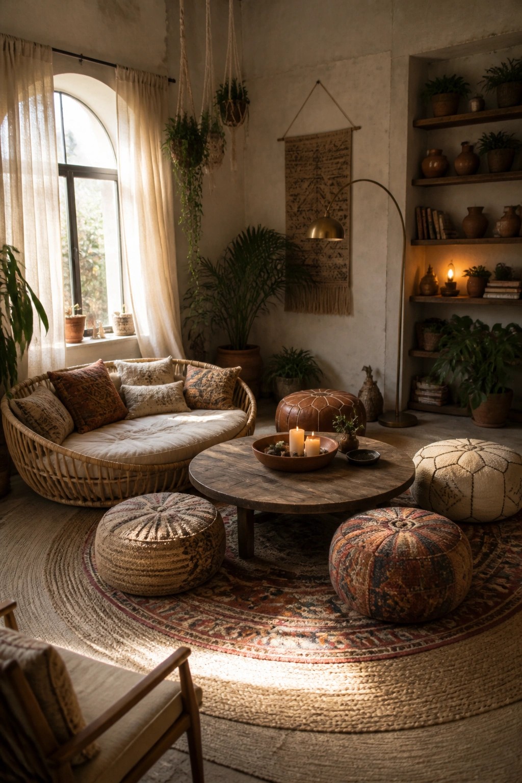 A boho living room featuring a round wooden coffee table surrounded by a rattan sofa, patterned poufs, and ottomans arranged on a large circular rug, with hanging plants, shelves, and an arched window in the background.