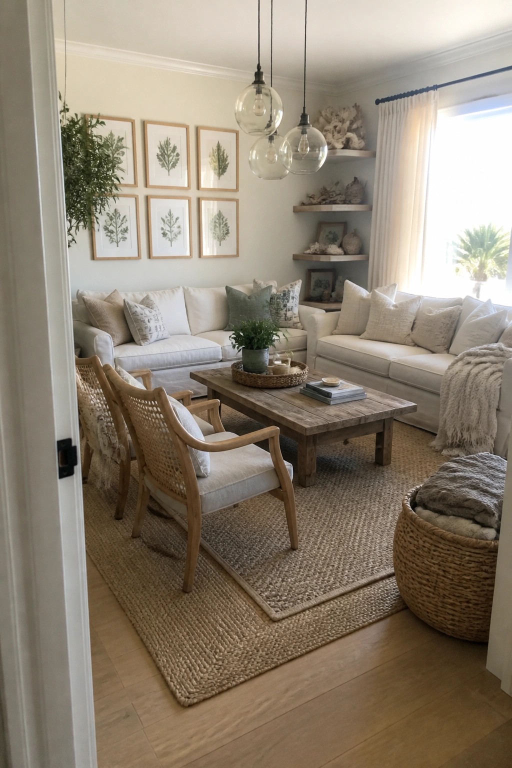 Cozy living room with white sofas, wooden coffee table, woven chairs, and jute rug.