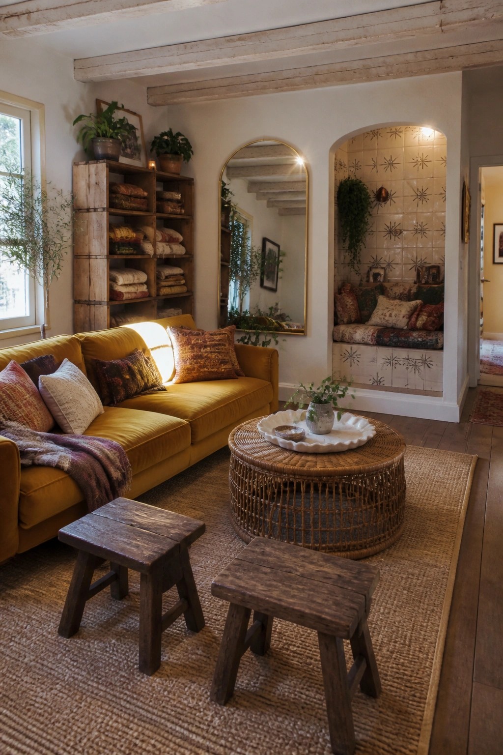 A boho living room features a yellow sofa facing a large round wicker coffee table on a jute rug, with two wooden stools in front and an arched tiled seating nook visible in the background.
