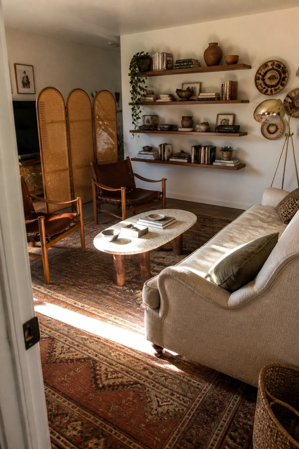 A living room with a light sofa, two brown leather sling chairs, a speckled oval coffee table on a large patterned rug, and wooden floating shelves holding books and pottery against a white wall.