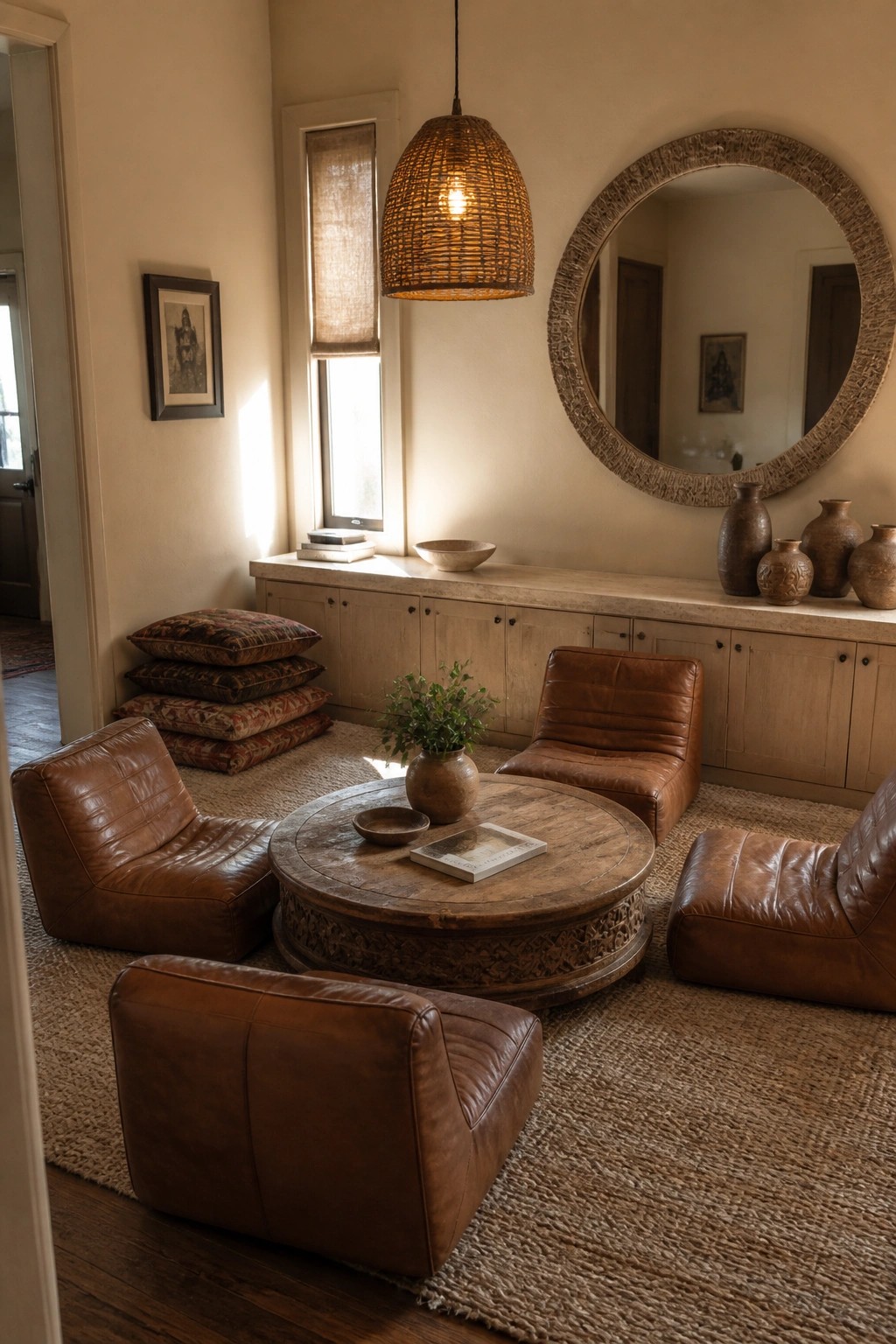 Brown leather chairs around round wooden table beneath woven pendant in neutral room
