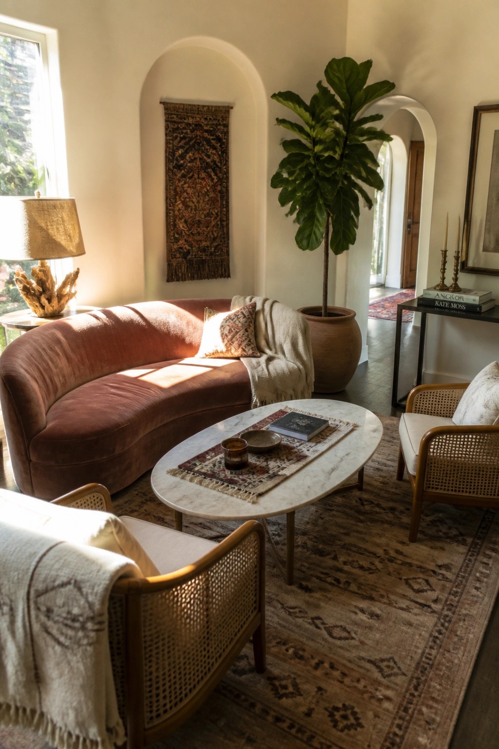 A living room with a curved rust-colored sofa, two cane armchairs, a marble coffee table, and a large potted fiddle leaf fig tree under arched wall niches.
