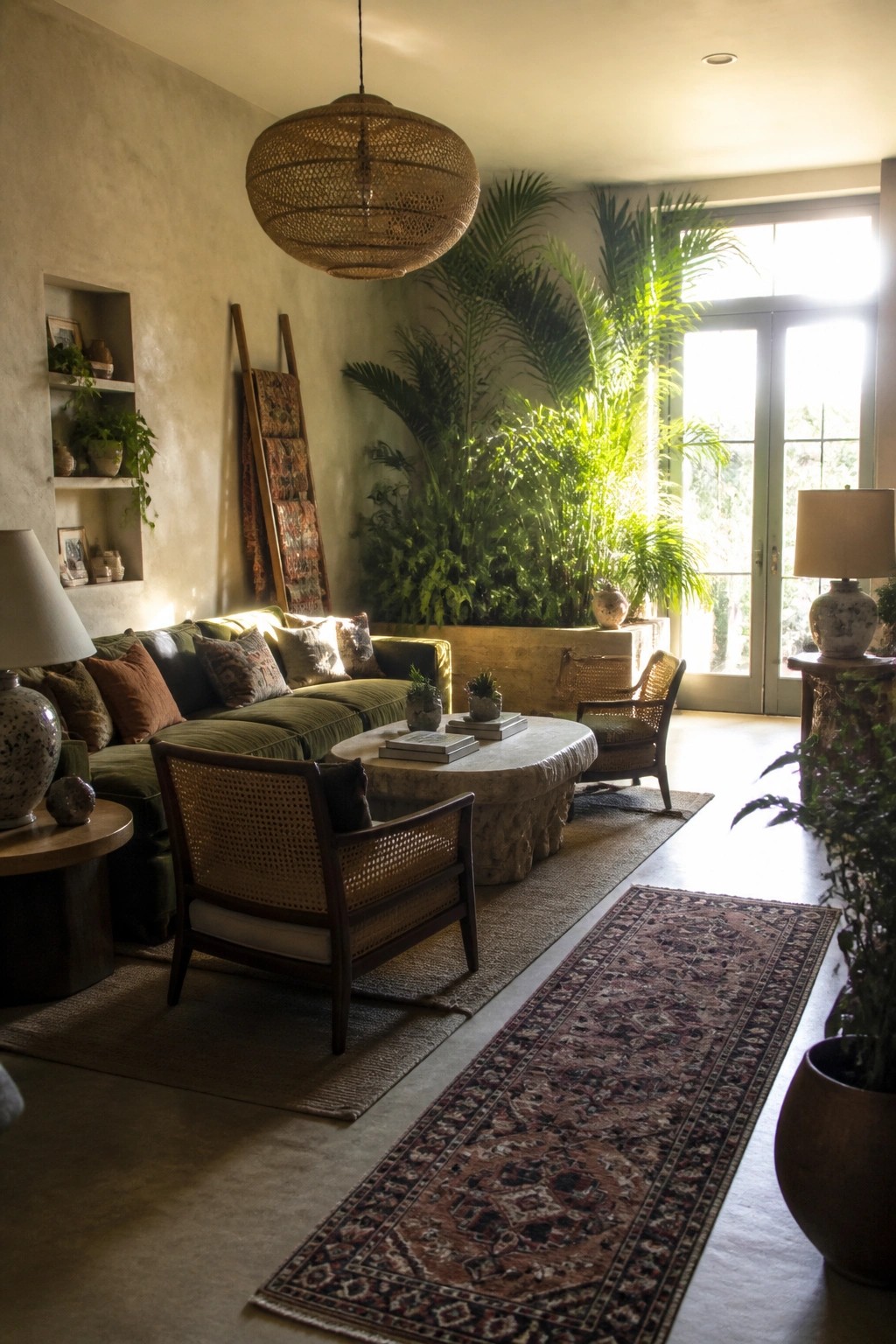 Living room interior with a green sofa, two woven armchairs angled toward it, a round stone coffee table, and a large patterned rug on concrete flooring.
