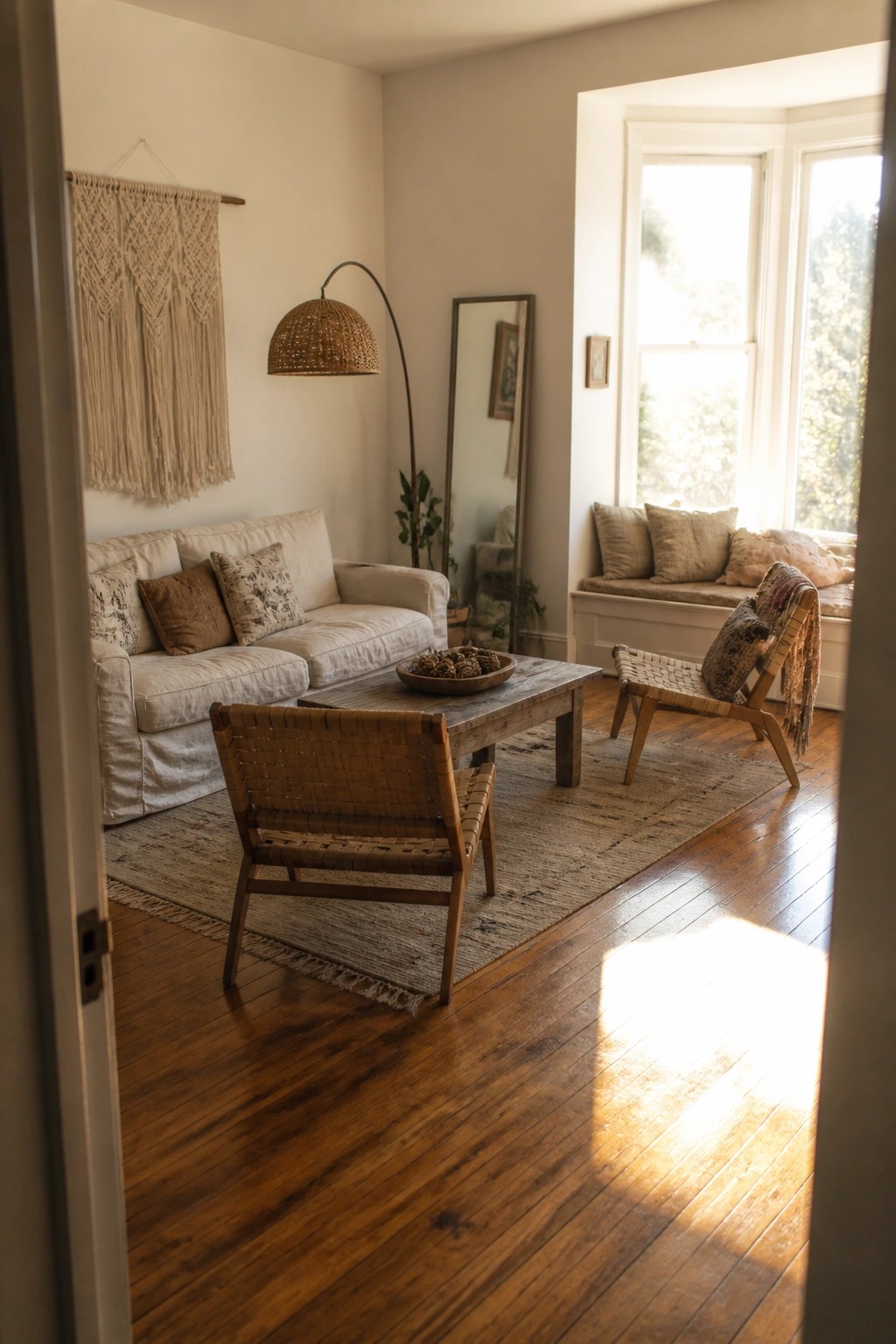 A living room with a white sofa along one wall, two woven wood chairs facing it across a low wooden coffee table, and a large window seat visible in the background.