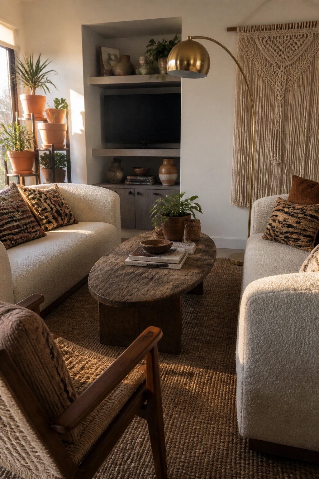A living room featuring two white boucle sofas facing each other across a round wooden coffee table, with an armchair in the foreground and a built-in media unit along the back wall.
