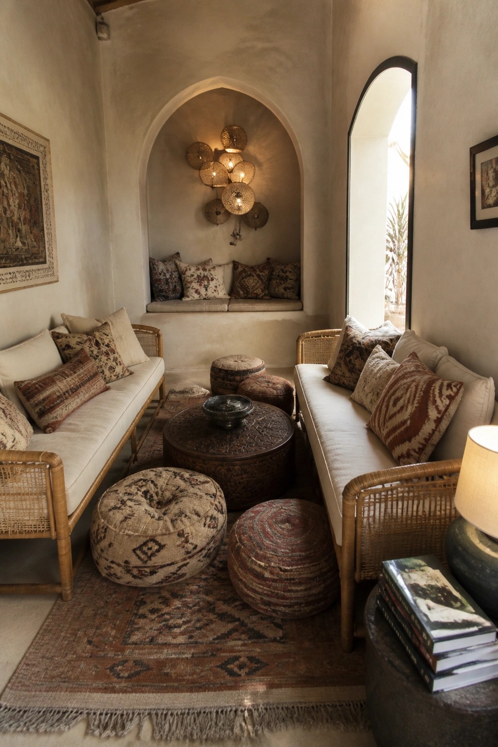 Boho lounge with rattan sofas, carved table, patterned poufs, and arched alcove.