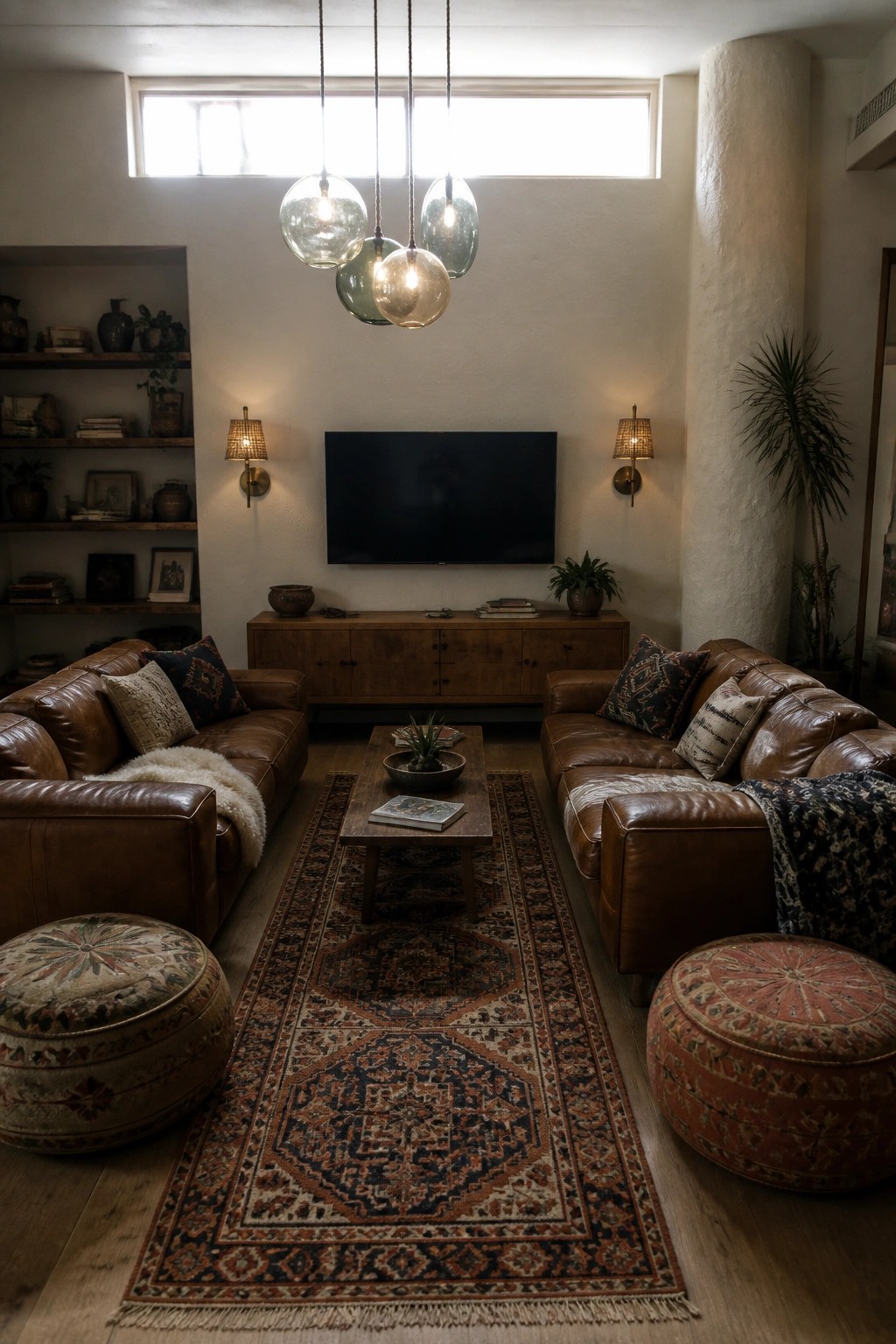 Cozy living room with brown leather sofas, wooden coffee table on patterned rug.