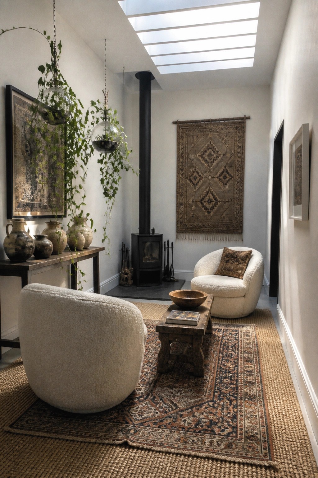 Cozy room with white boucle chairs, wood stove, hanging plants, and layered rugs under skylight.