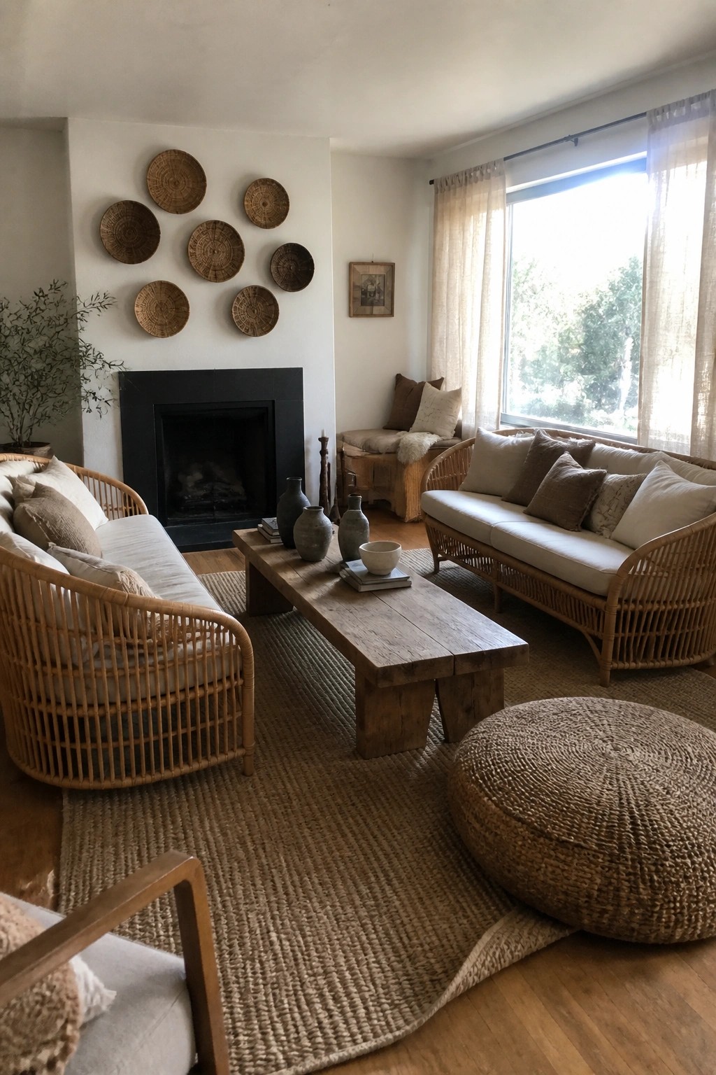 A living room with two rattan sofas facing each other across a wooden coffee table, a black fireplace on the left wall, and woven baskets mounted above it.
