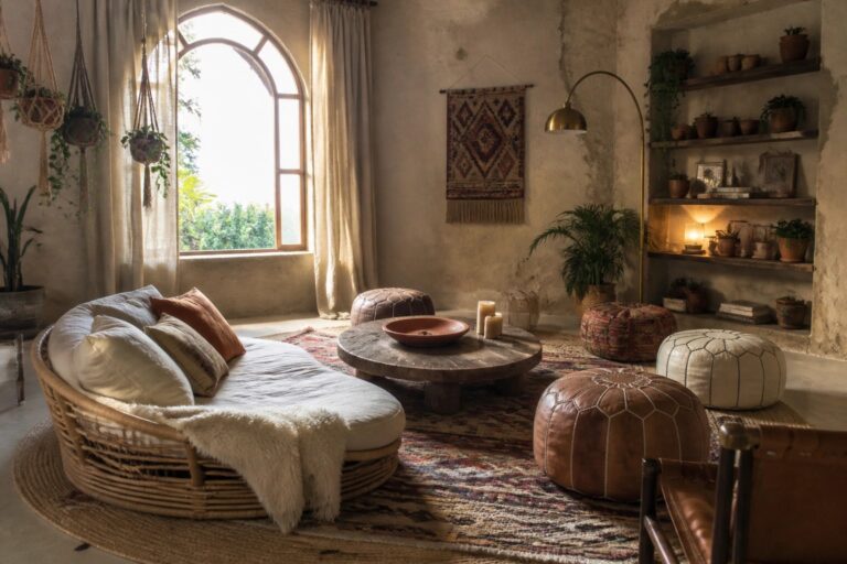 21 Functional Boho Living Room Layout Ideas Designed Around Conversation Seating A boho living room featuring a round wooden coffee table surrounded by a rattan sofa, patterned poufs, and ottomans arranged on a large circular rug, with hanging plants, shelves, and an arched window in the background.