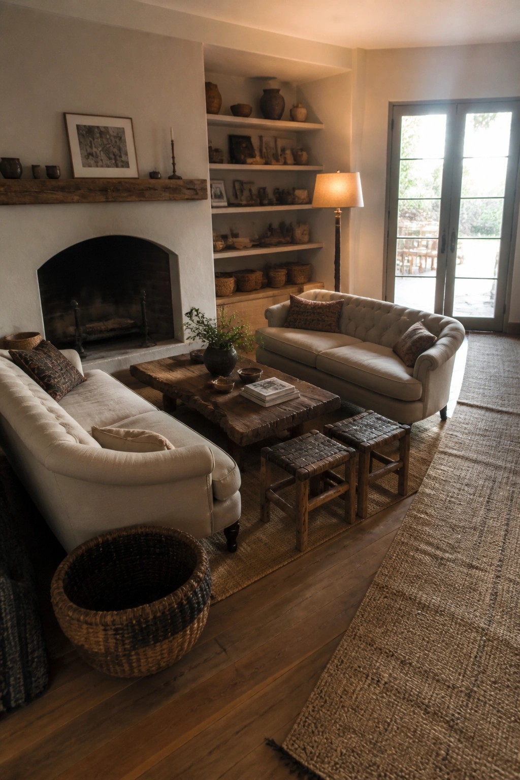 A living room interior with two light-colored tufted sofas facing each other across a rustic wooden coffee table, a fireplace to the left, and built-in shelves along the back wall.