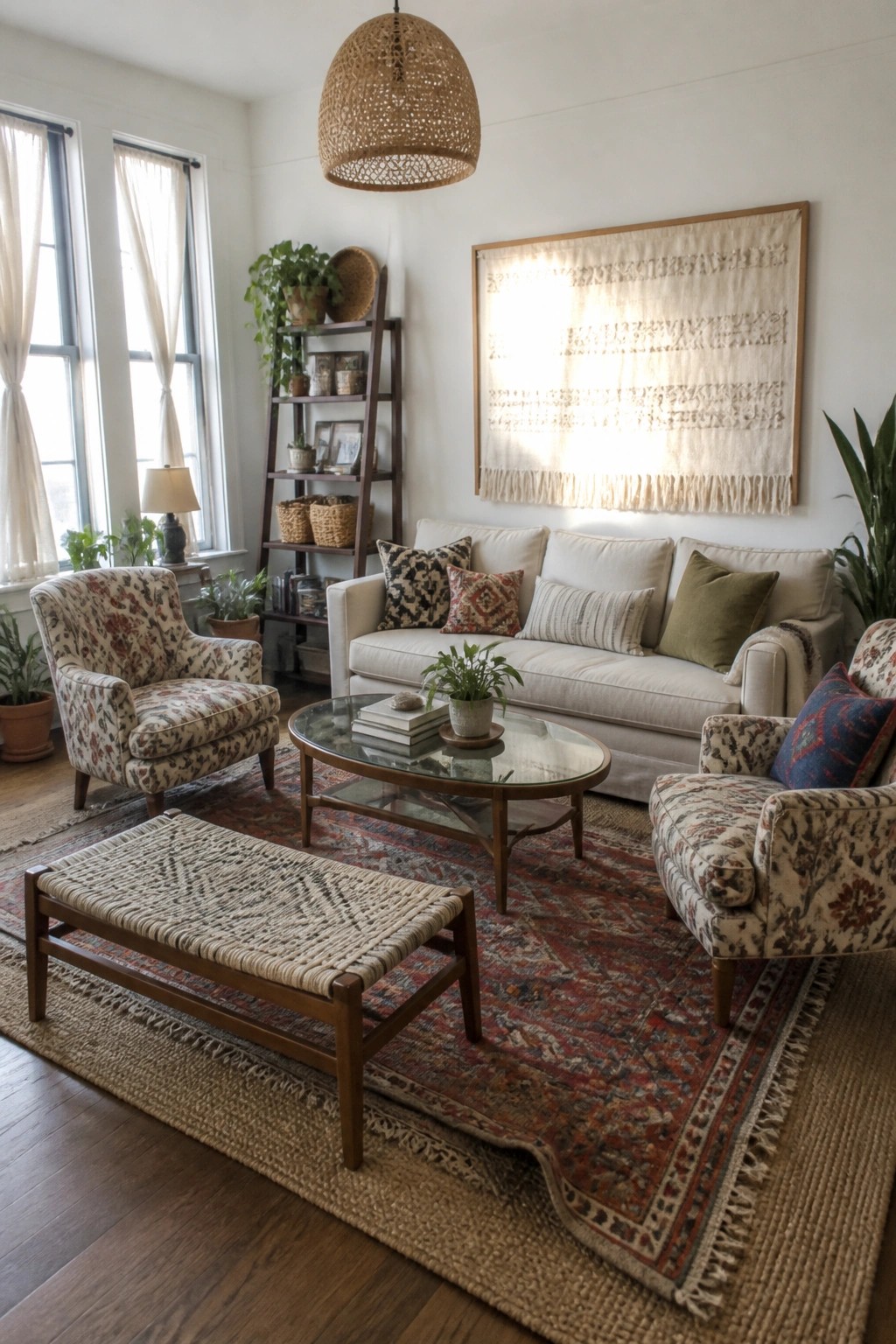 A living room with a white sofa, two patterned armchairs, a woven bench, a round coffee table, layered rugs, and a large wall hanging above the sofa.