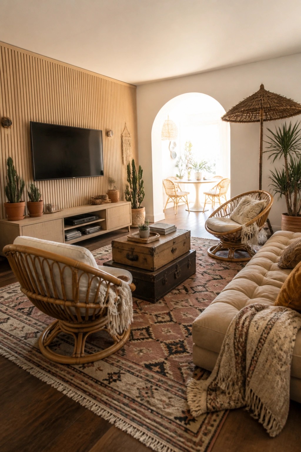 A boho living room featuring two rattan swivel chairs, a tufted sofa, stacked trunk tables, and a patterned area rug in front of a wood slat accent wall with a television.
