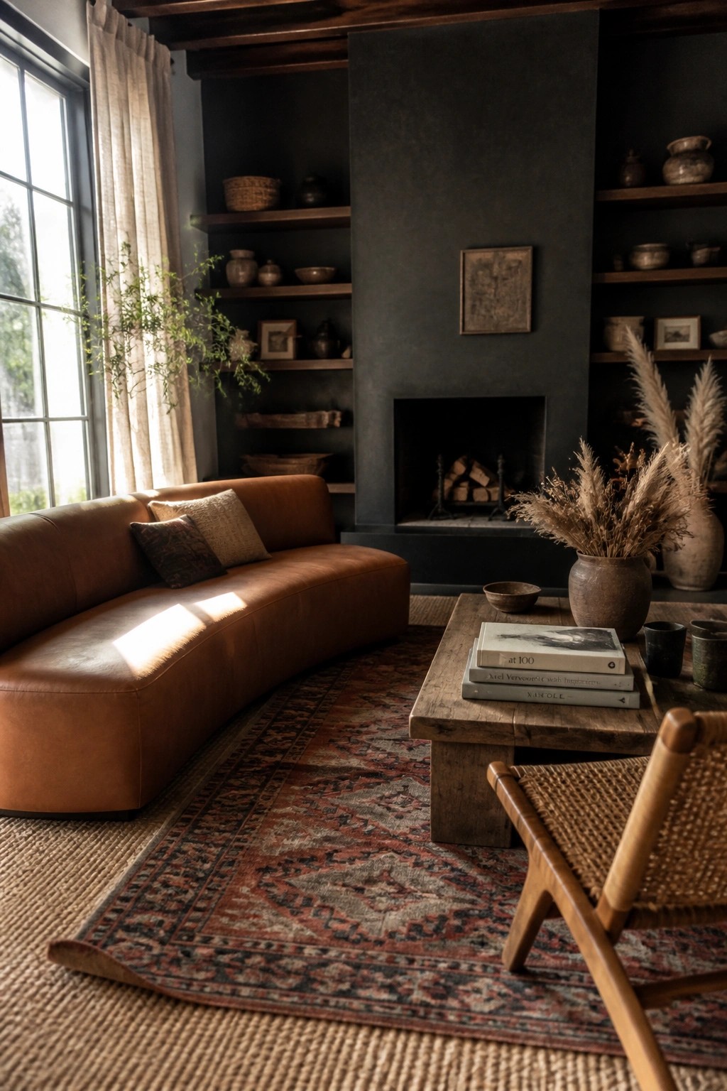 Cozy room with curved brown leather sofa, patterned rug, dark fireplace, and wooden table.