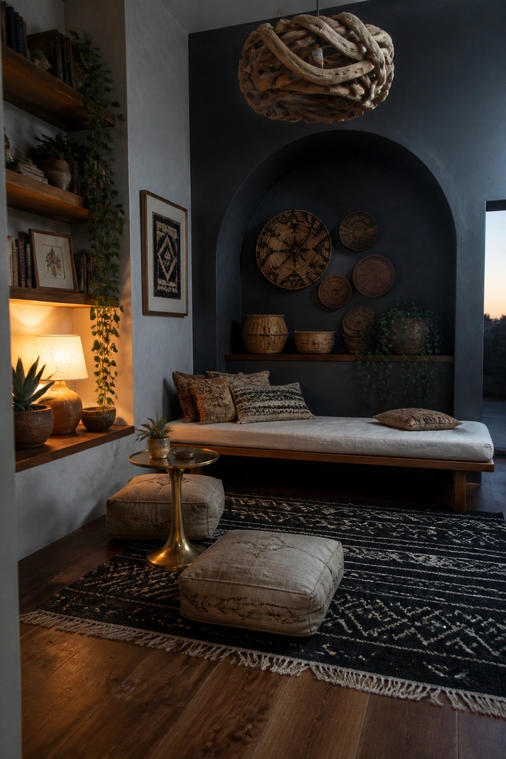 A daybed with neutral bedding sits inside a dark arched alcove on a charcoal wall, with woven baskets and wall hangings above it.
