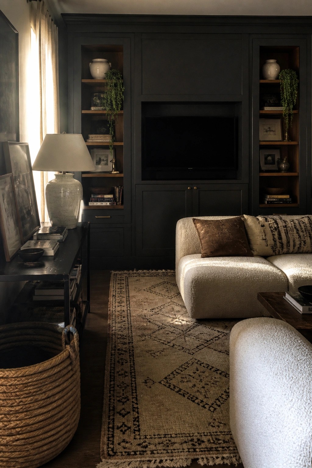 A living room featuring a large dark charcoal built-in wall unit with open shelves, a central television niche, and a white sectional sofa on a patterned rug.