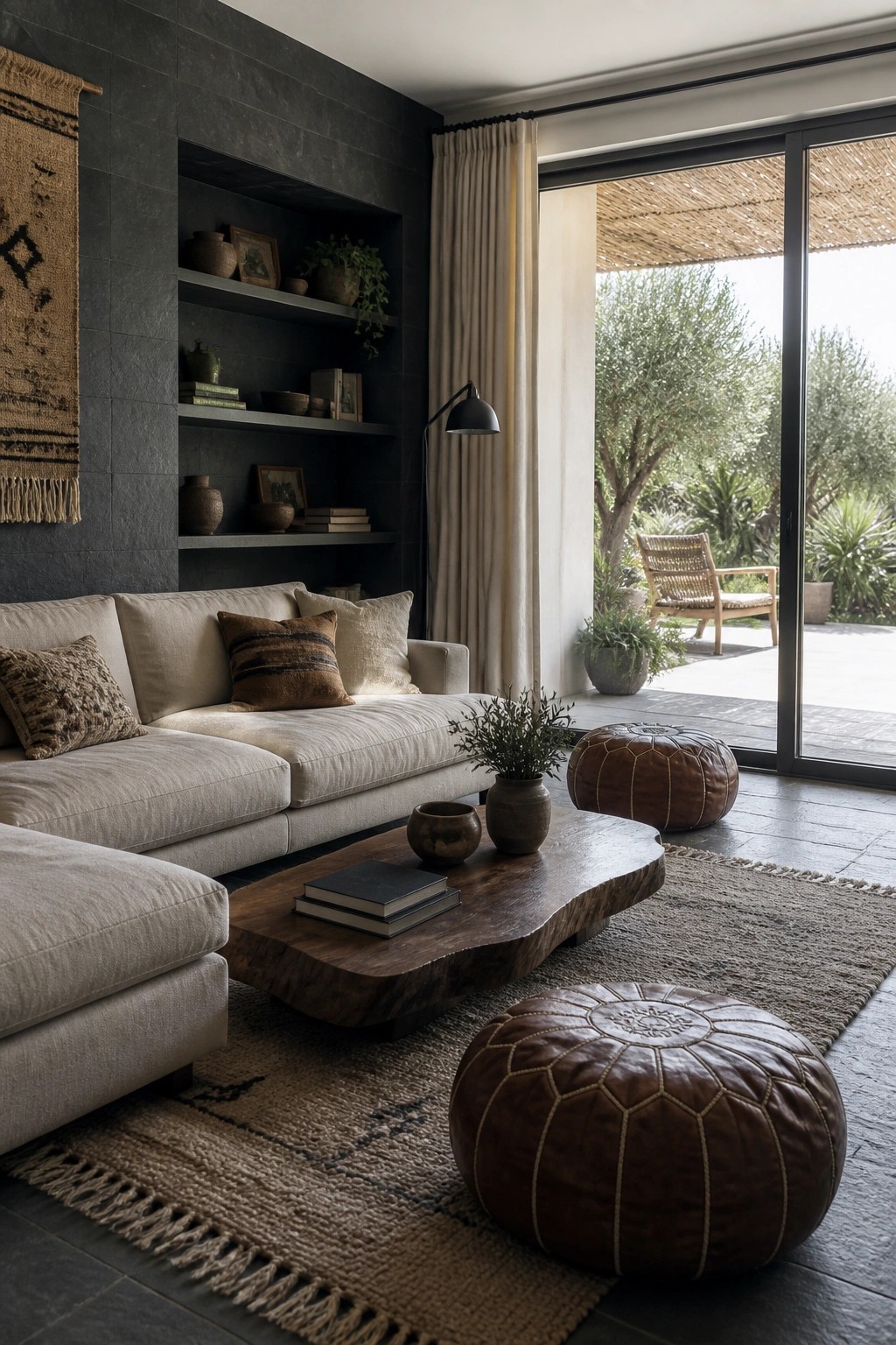 Living room interior with charcoal feature wall, built-in shelves holding pottery and books, light sectional sofa, wooden coffee table, and brown leather poufs on a woven rug.