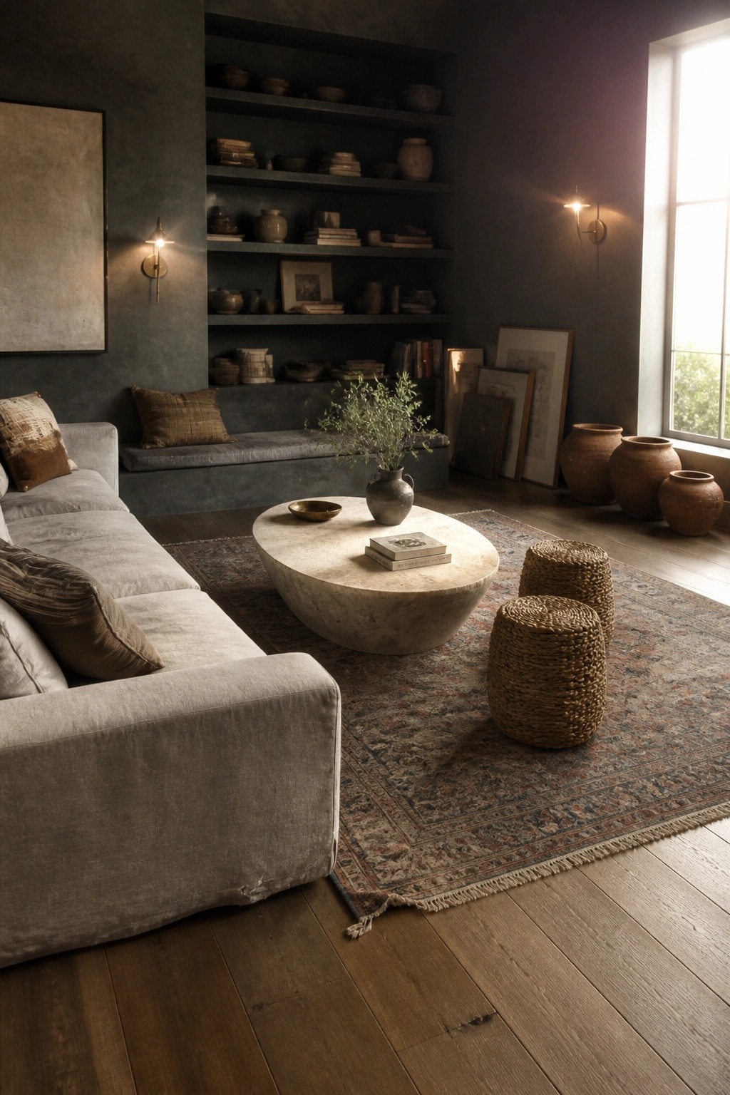 A living room featuring a gray sofa, round stone coffee table, and patterned rug in front of a dark charcoal wall with recessed built-in shelves holding books and pottery.