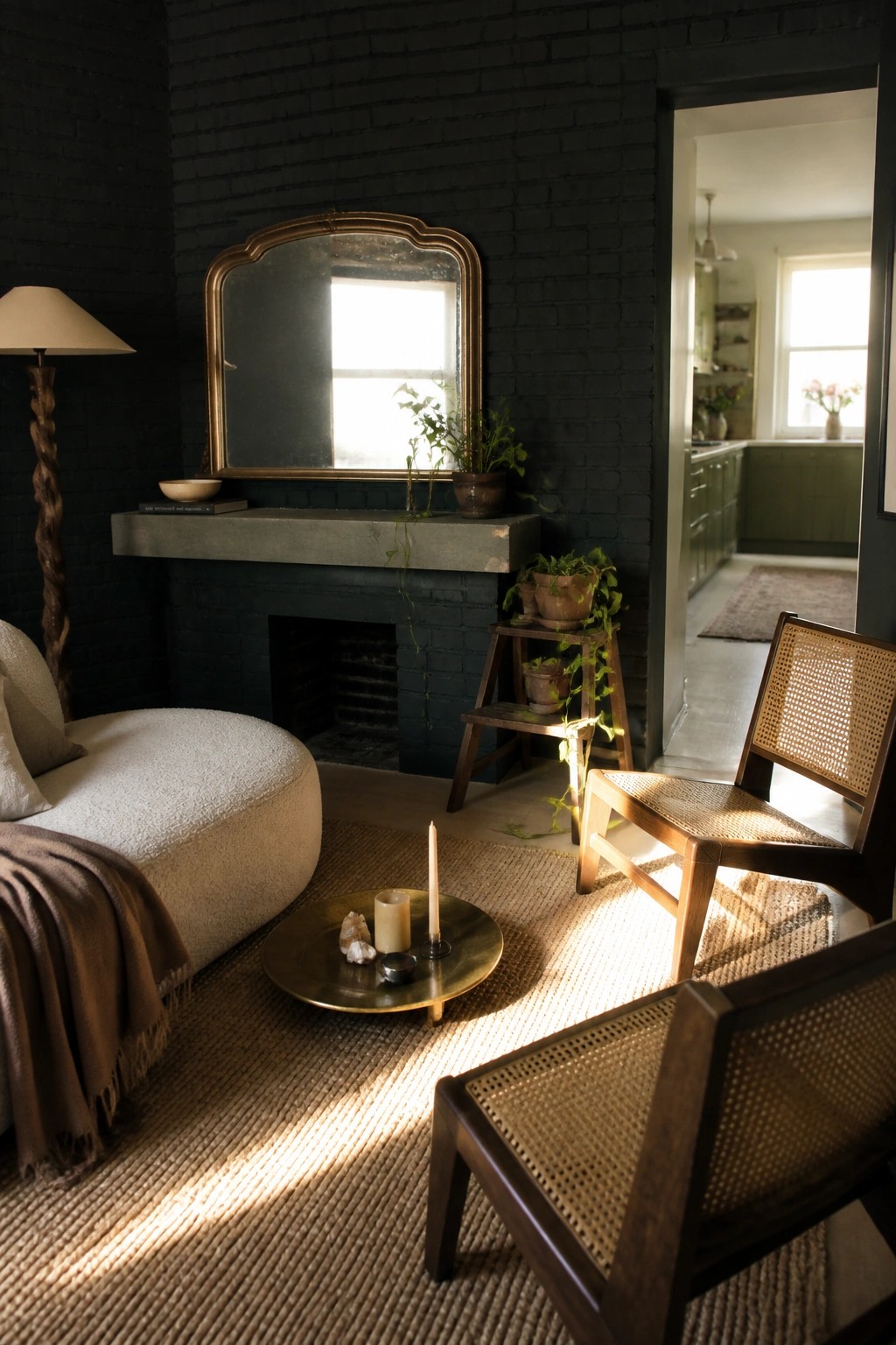 A living room interior with a dark charcoal brick feature wall, fireplace, concrete mantel, large mirror above it, round white sofa, two woven wood chairs, and a brass tray on a jute rug.