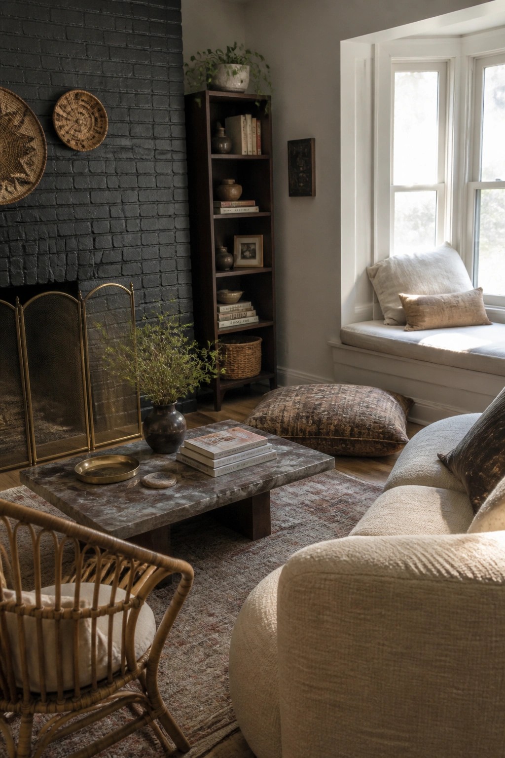 A living room featuring a dark charcoal brick wall with a fireplace, a marble coffee table, a neutral sofa, a woven chair, and a window seat with pillows.
