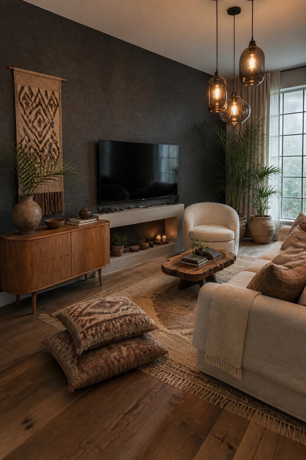 A living room interior with a dark charcoal textured accent wall, mounted television, wooden console with plants, white sofa, hanging glass pendant lights, and patterned floor cushions on a rug.