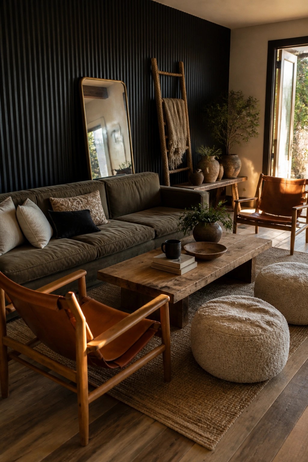 A living room featuring a dark vertical slat accent wall behind a gray sofa, with a wooden coffee table, leather armchairs, woven poufs, and a large mirror on the wall.