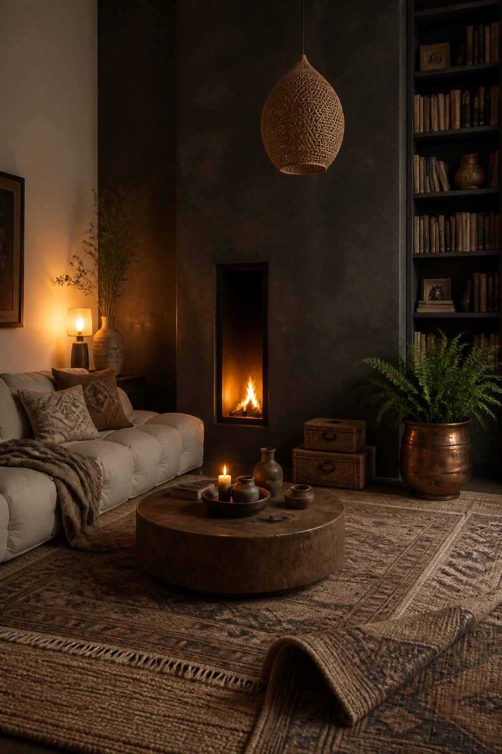 A living room featuring a light-colored sofa, round wooden coffee table on layered rugs, and a tall narrow fireplace set into a charcoal feature wall.