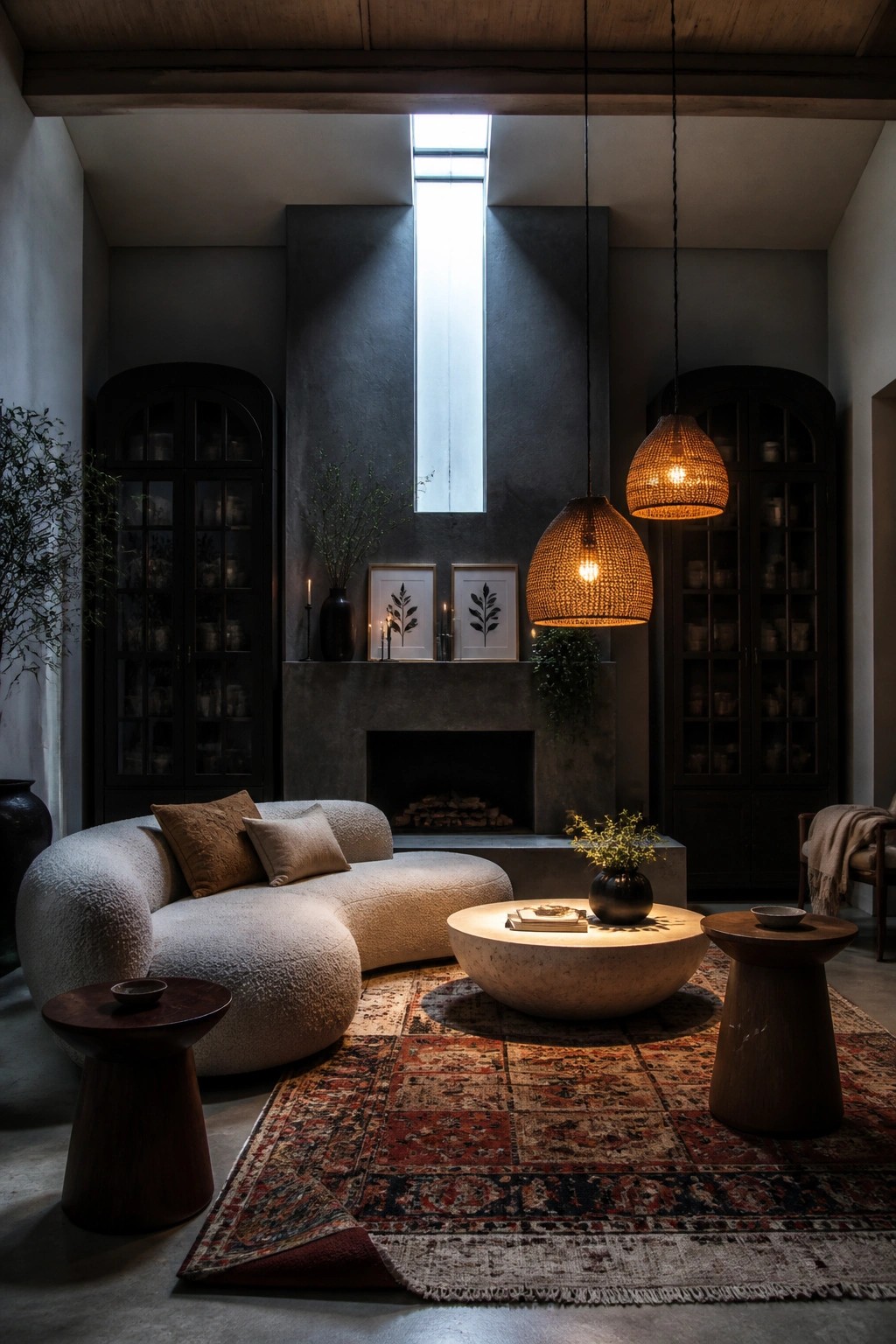 Living room with a tall narrow window centered above a fireplace on a charcoal gray feature wall, flanked by dark arched cabinets, a curved white sofa, woven pendant lights, and a large patterned rug.