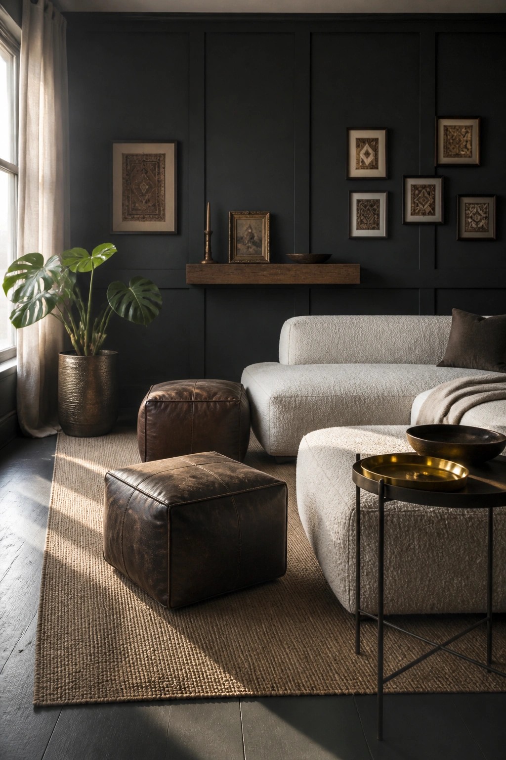 A living room featuring a dark charcoal paneled wall, a light gray sofa, two brown leather ottomans on a woven rug, and a large potted plant near a window.