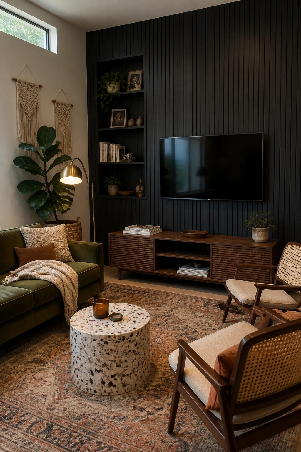 A living room featuring a dark vertical slat wall with built-in shelves, a mounted television, a green sofa, wooden armchairs with cane backs, and a round terrazzo coffee table on a patterned rug.