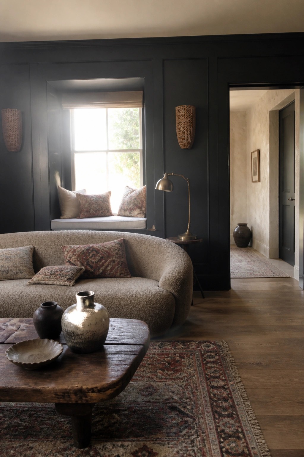 A living room with dark charcoal walls, a built-in window seat with pillows, a curved beige sofa, wooden coffee table, and patterned rugs on hardwood floors.