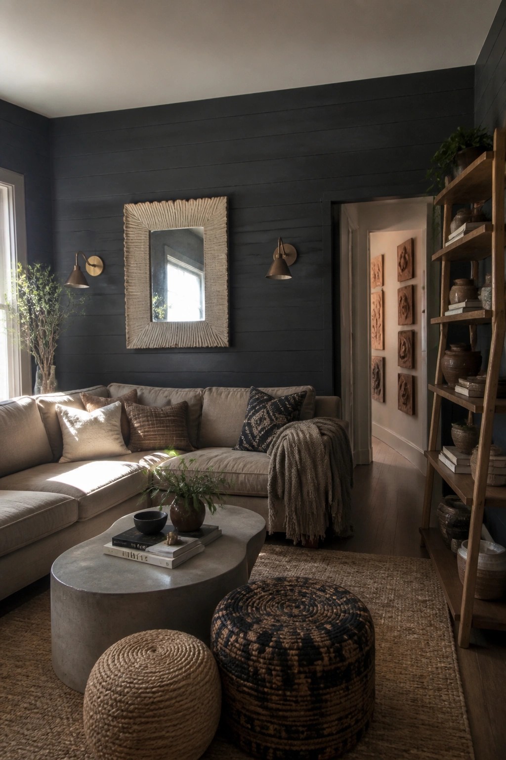 A living room with a dark charcoal shiplap wall, beige sectional sofa, round concrete coffee table, woven poufs on a jute rug, and a large textured mirror above the sofa.