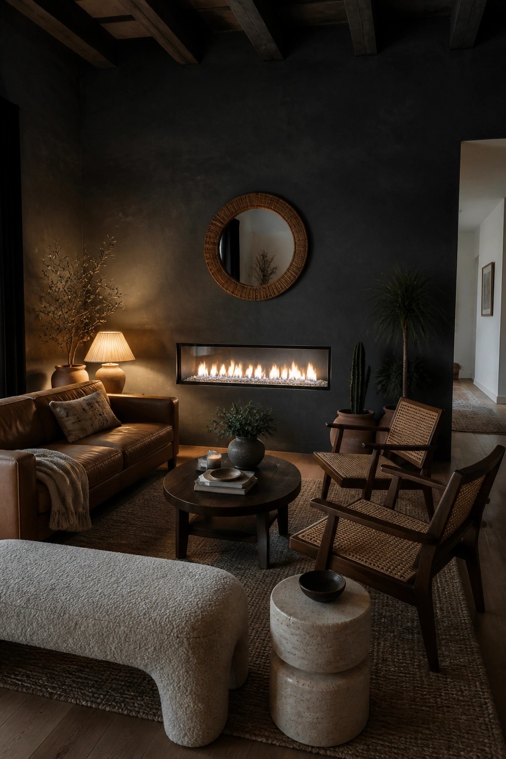 Dark living room with linear fireplace, round mirror, leather sofa, and cane chairs.