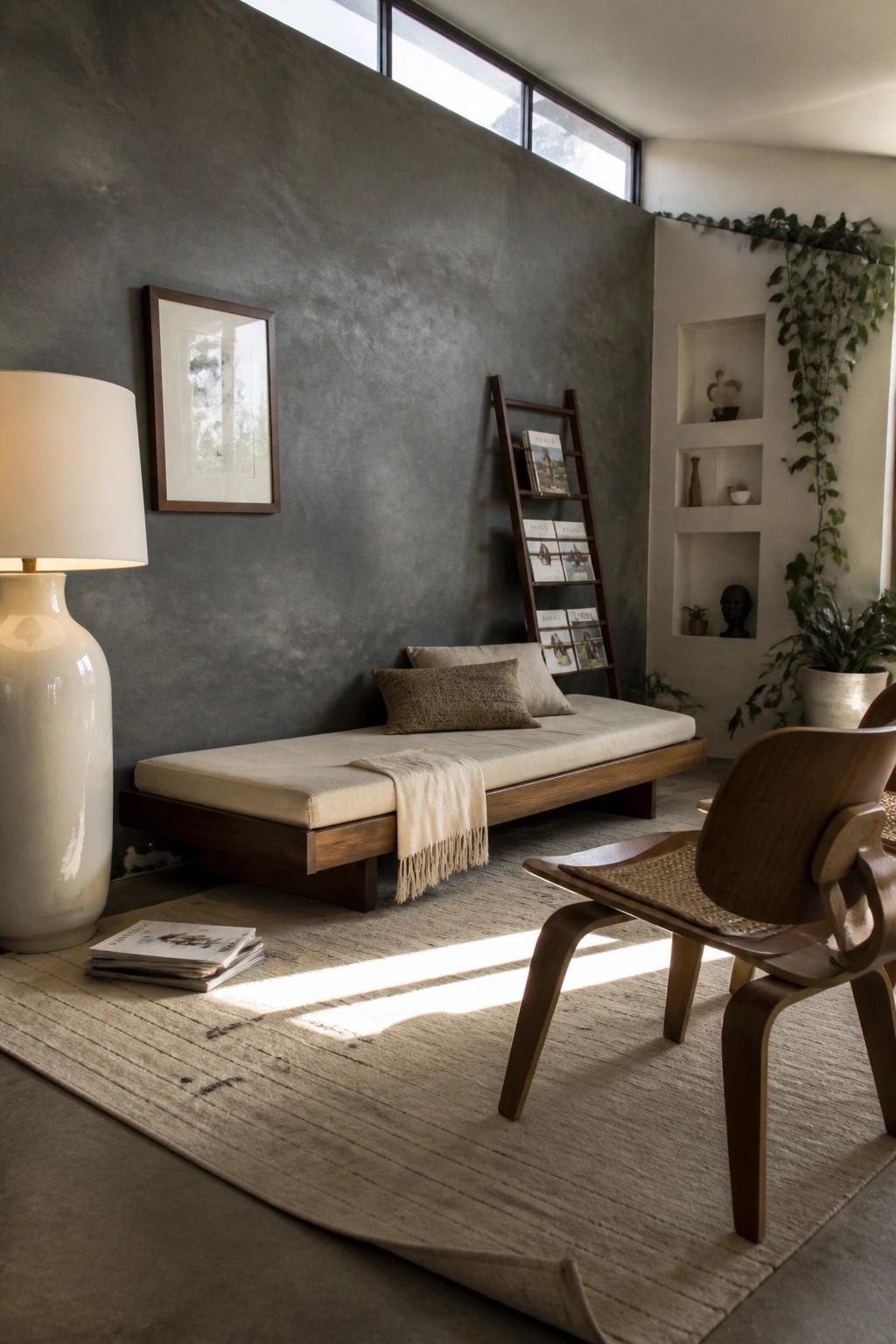 A living room with a textured charcoal wall, a low wooden daybed with neutral cushions, a leaning wooden ladder shelf, built-in wall niches, and a wooden chair on a light rug.
