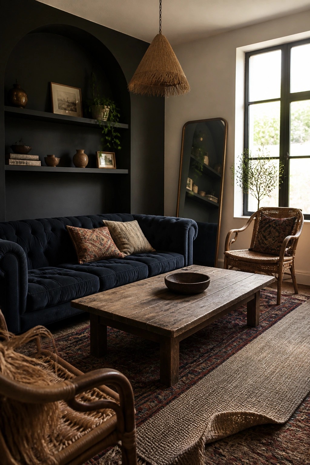 A living room with a dark charcoal wall featuring an arched niche with built-in shelves, a navy blue tufted sofa, wooden coffee table, and wicker chairs on layered rugs.