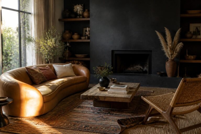 Cozy room with curved brown leather sofa, patterned rug, dark fireplace, and wooden table.