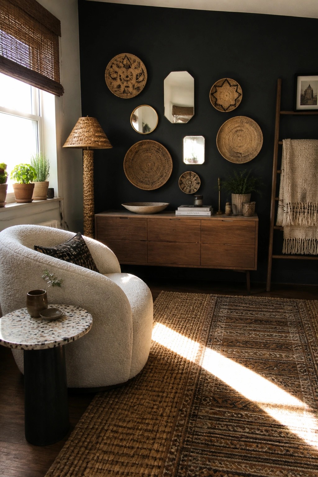 A living room corner with a black wall displaying various woven baskets and small mirrors above a wooden sideboard, next to a white boucle chair and a patterned rug.