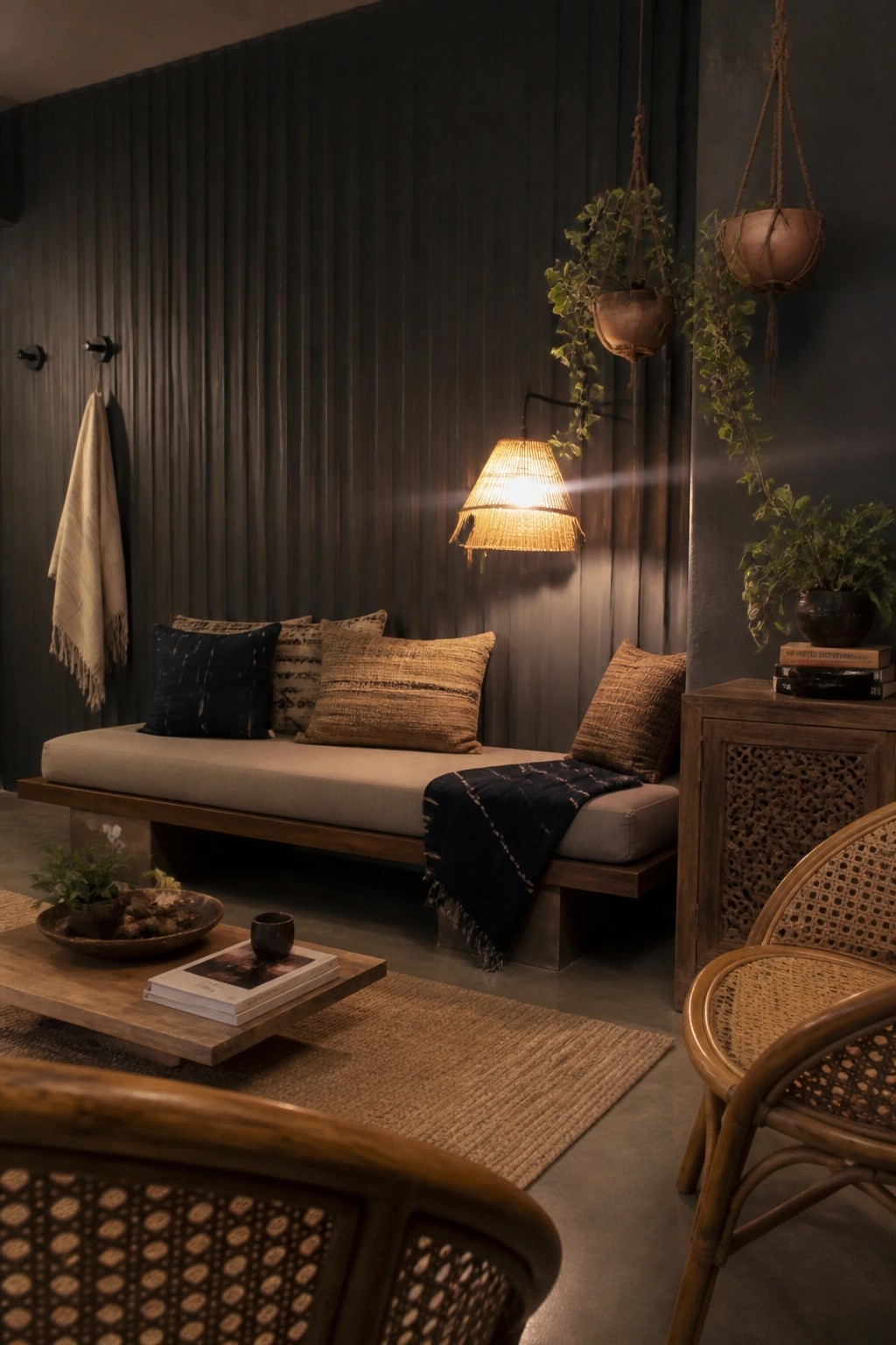 A living room featuring a dark vertical wood-paneled wall with a low wooden daybed holding several pillows and a dark throw, a woven pendant lamp, hanging plants, and rattan chairs in the foreground.